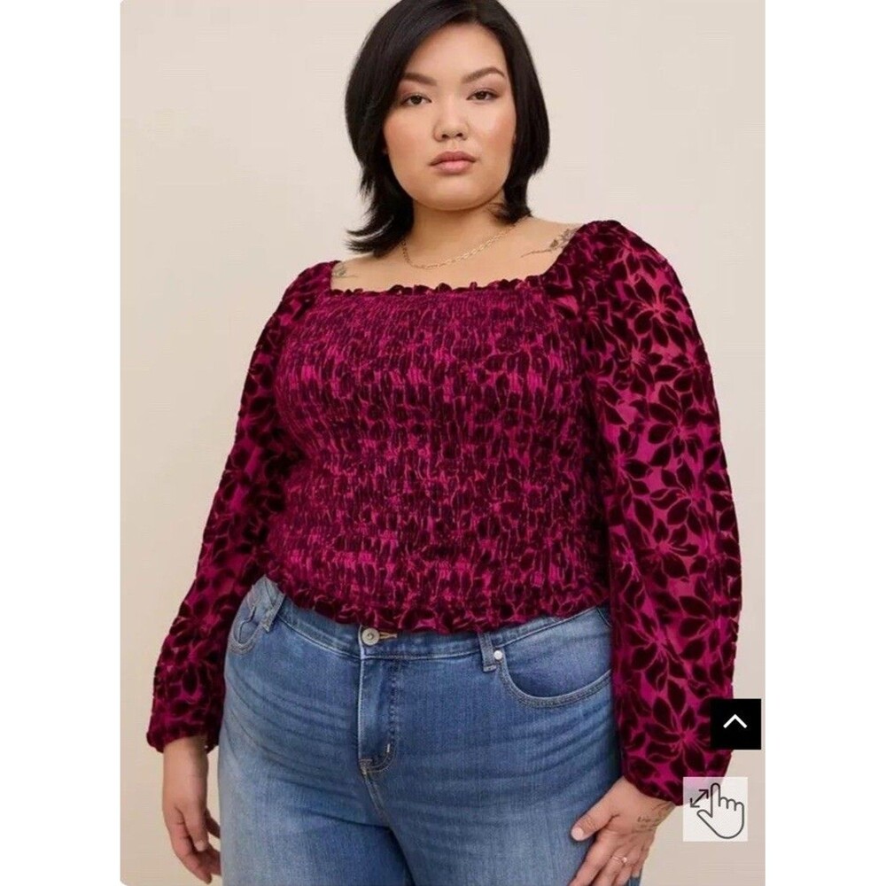 Torrid Size 1XL Burgundy Velvet Smocked LS Blouse NWT